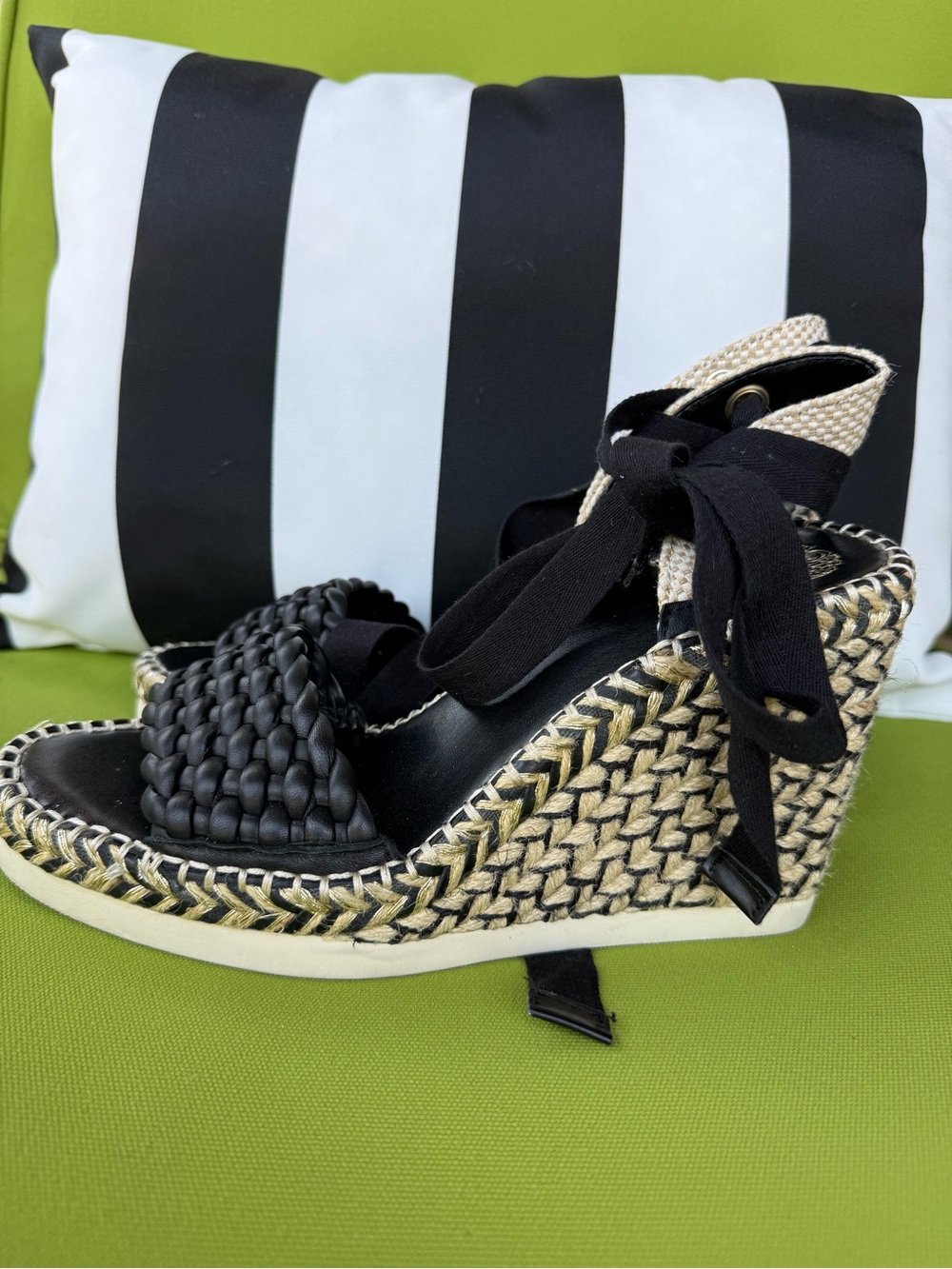 Vince Camuto Black Woven Espadrille Wedge Sandals with Ankle Tie